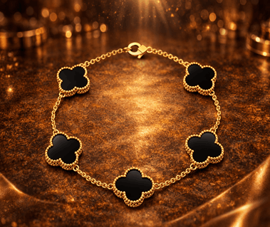 14K Gold Onyx 5 Clover Solid Link Bracelet